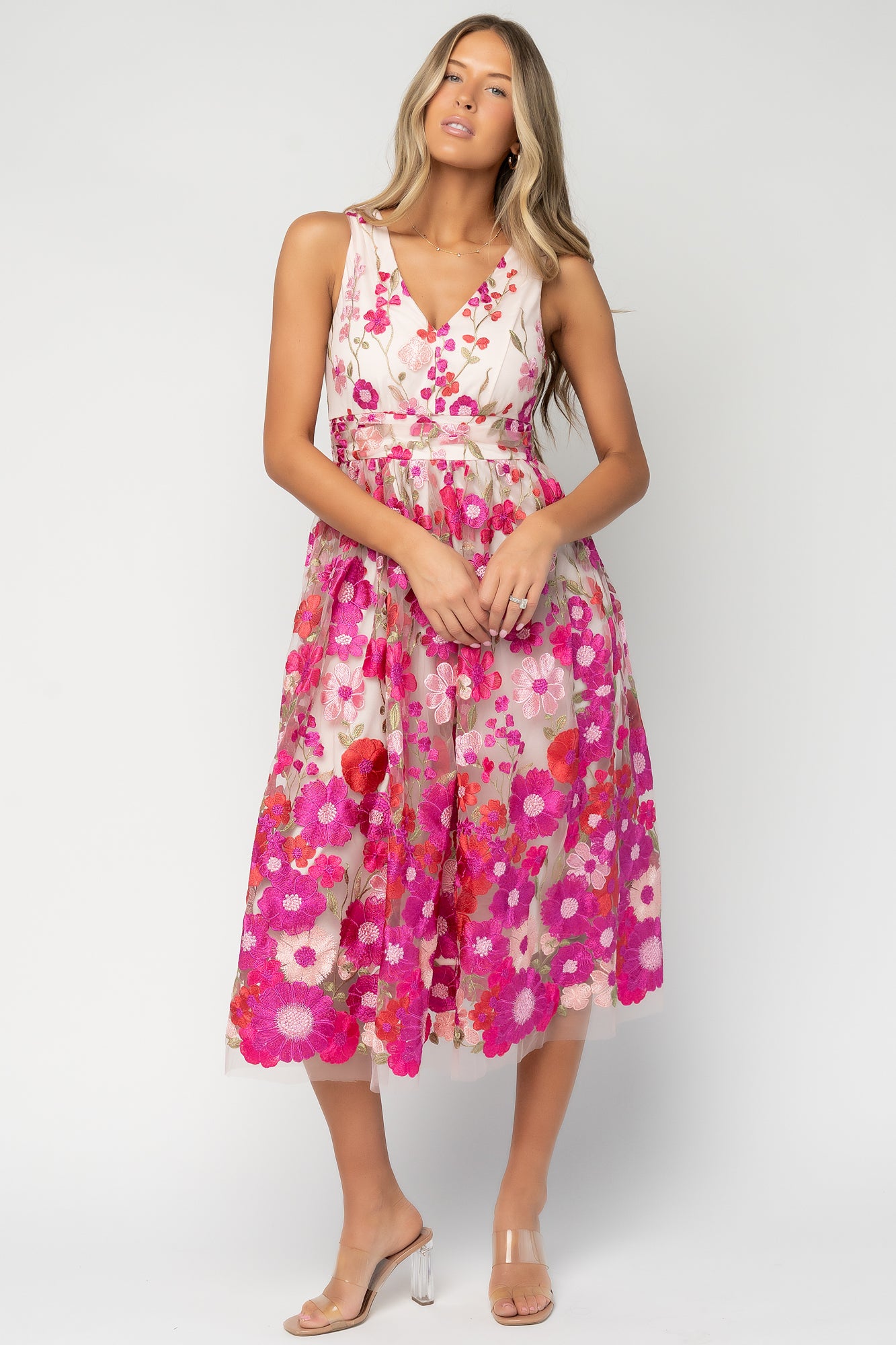 Lila Embroidered Midi Dress | Pink Floral