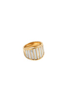Flat-lay product image of the Alys ring showing the full circumference, mother-of-pearl panels, and the polished gold-plated exterior.