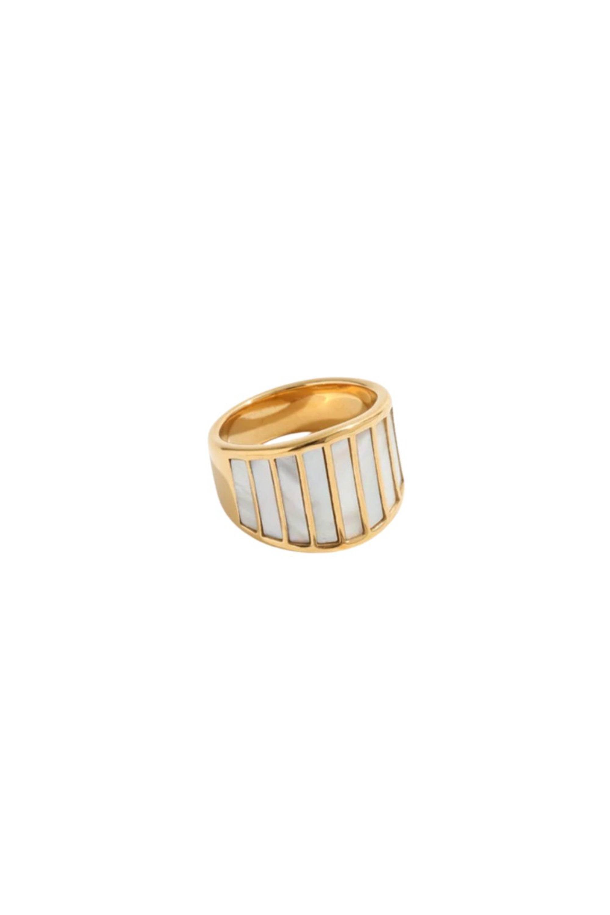 Flat-lay product image of the Alys ring showing the full circumference, mother-of-pearl panels, and the polished gold-plated exterior.