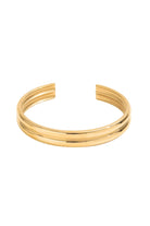 Front view of The Bailey Band showing the double-bar silhouette and high-shine gold-tone finish on surgical-grade base metal.