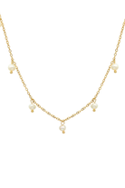 Styled flat-lay of Rosie Pearl Necklace showcasing the adjustable clasp, fine gold links, and petite pearls arranged for scale and composition.