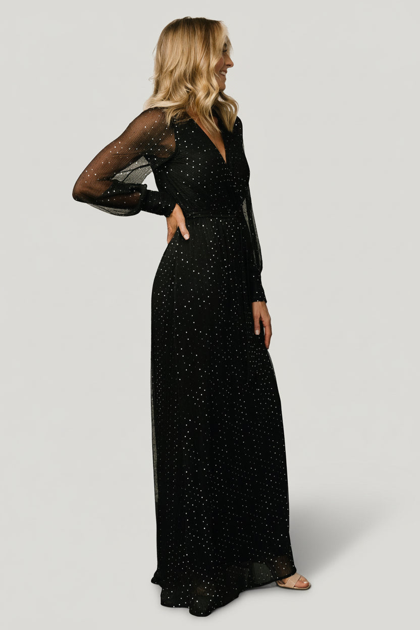 Detail shot of sleeve and cuff on Abigail Sparkle Gown (Twilight) emphasizing functional cuff buttons and semi-sheer sleeve finish.