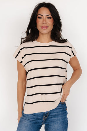 Front view of Ada Dolman Top in natural with black horizontal stripes, relaxed dolman sleeves, ribbed neckline and split side hem, knit texture visible.