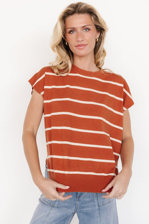 Front view of Ada Dolman short-sleeve top in sandstone and natural horizontal stripes; relaxed fit with ribbed neckline and split side hem.