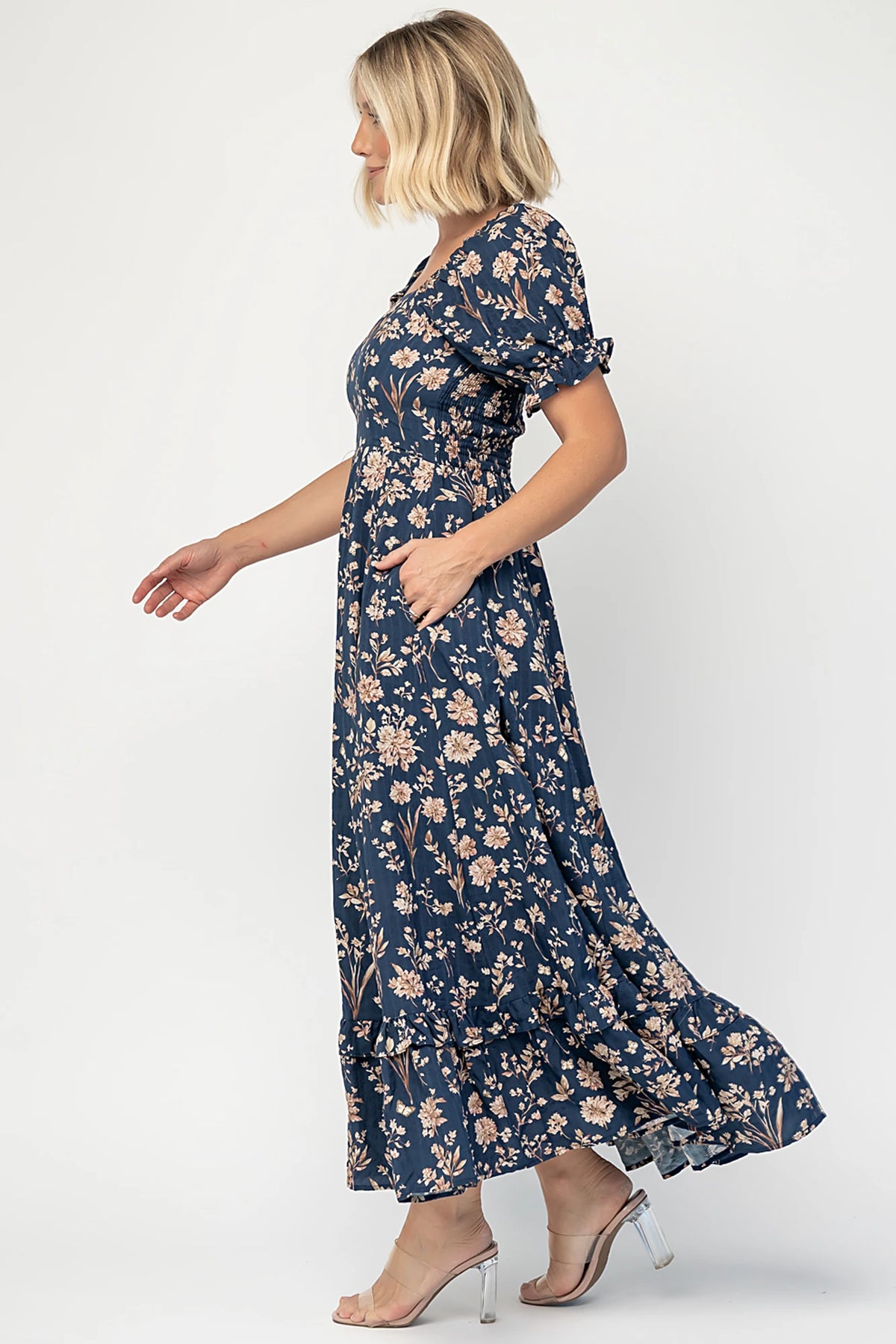 Addison Maxi Dress in Dark Blue Floral with square neckline, oversized sleeves, smocked back, and tiered ruffle skirt.