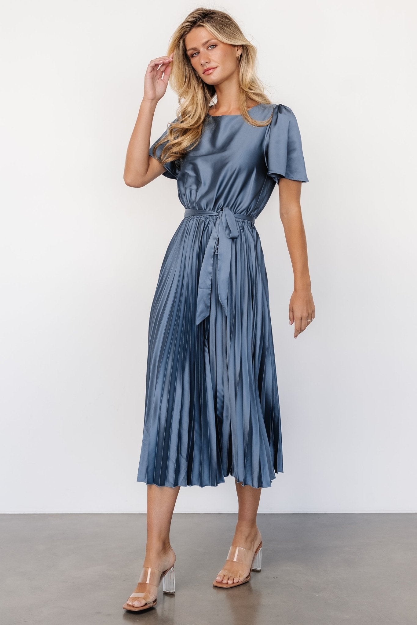 Adelaide Pleated Satin Dress | Blue - Baltic Born