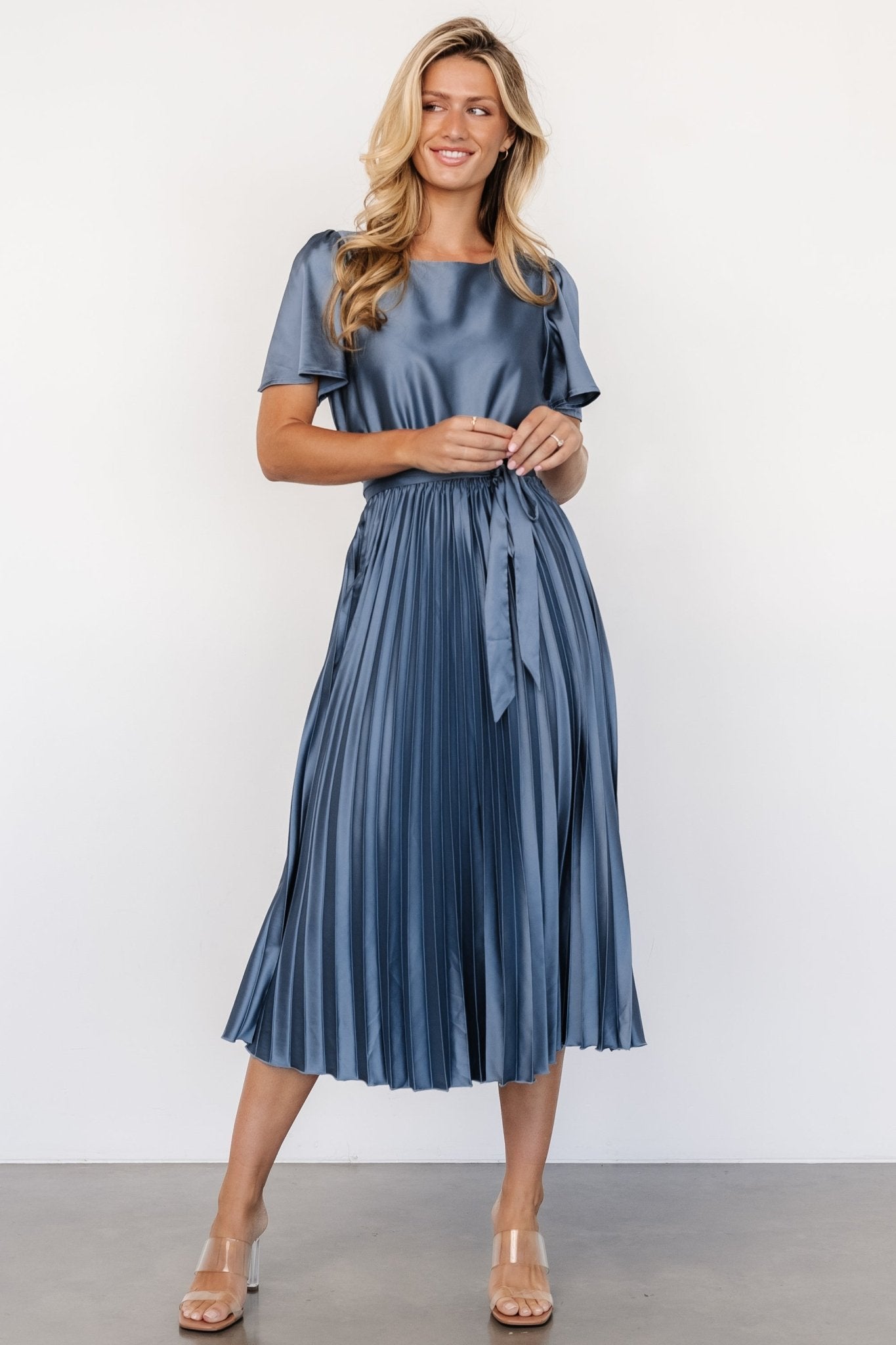 Adelaide Pleated Satin Dress | Blue - Baltic Born