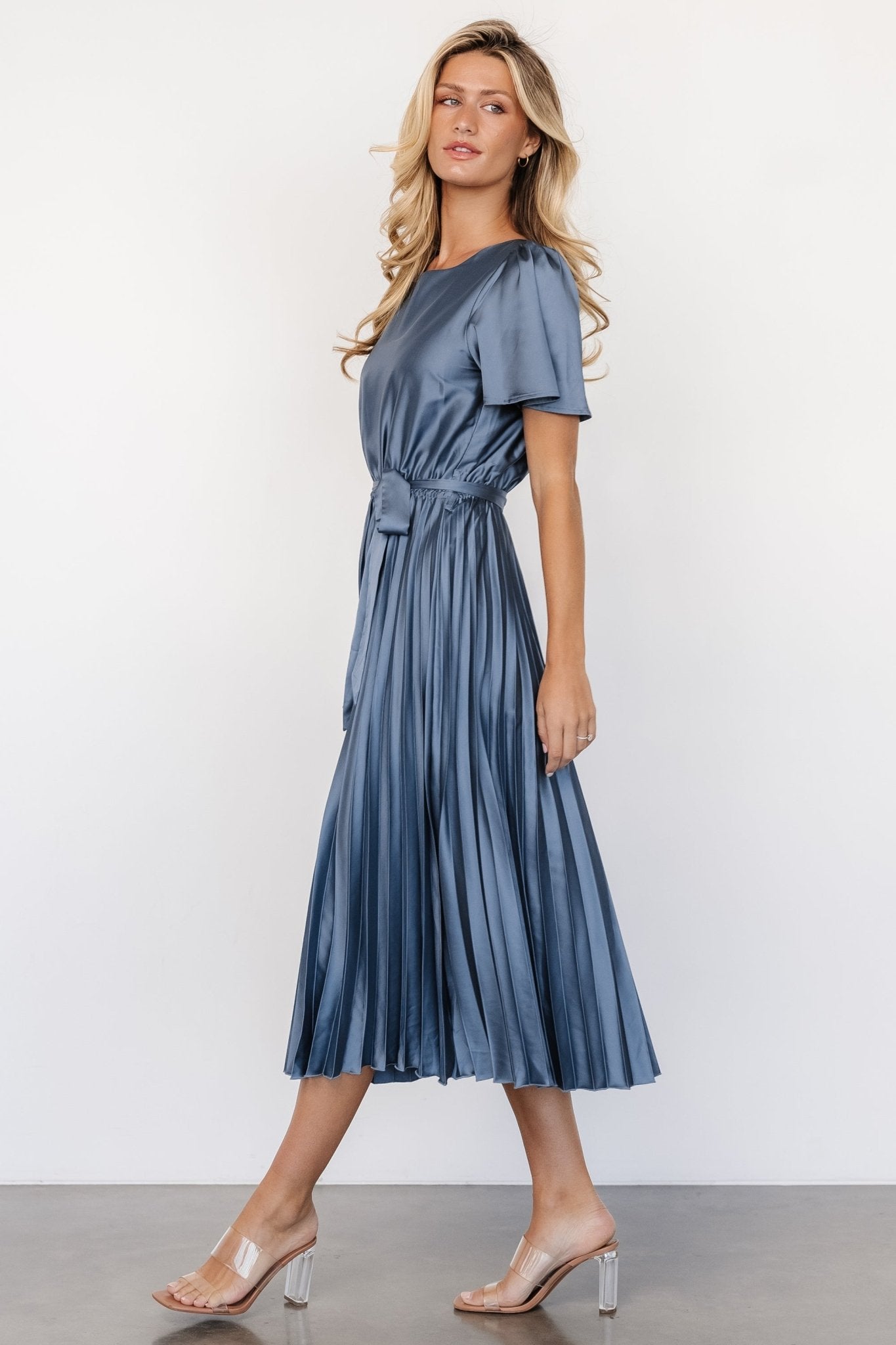 Adelaide Pleated Satin Dress | Blue - Baltic Born