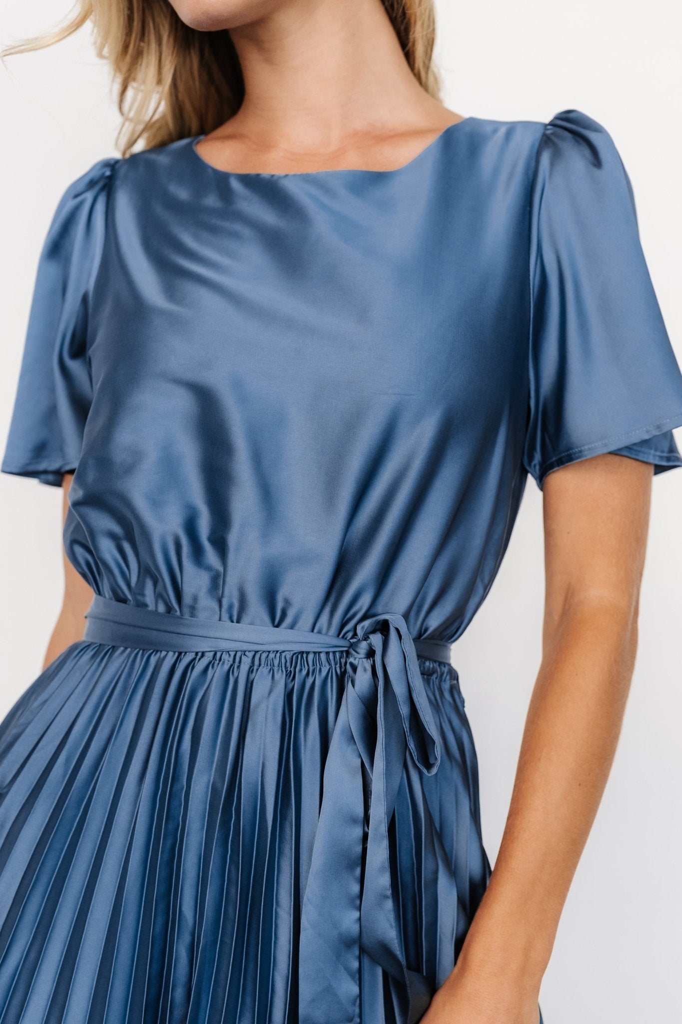 Adelaide Pleated Satin Dress | Blue - Baltic Born