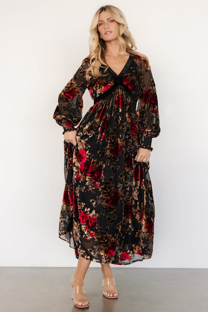 Adele Velvet Dress | Black + Rose Floral - Baltic Born