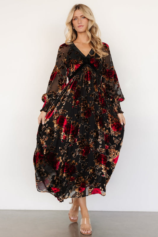 Adele Velvet Dress | Black + Rose Floral - Baltic Born