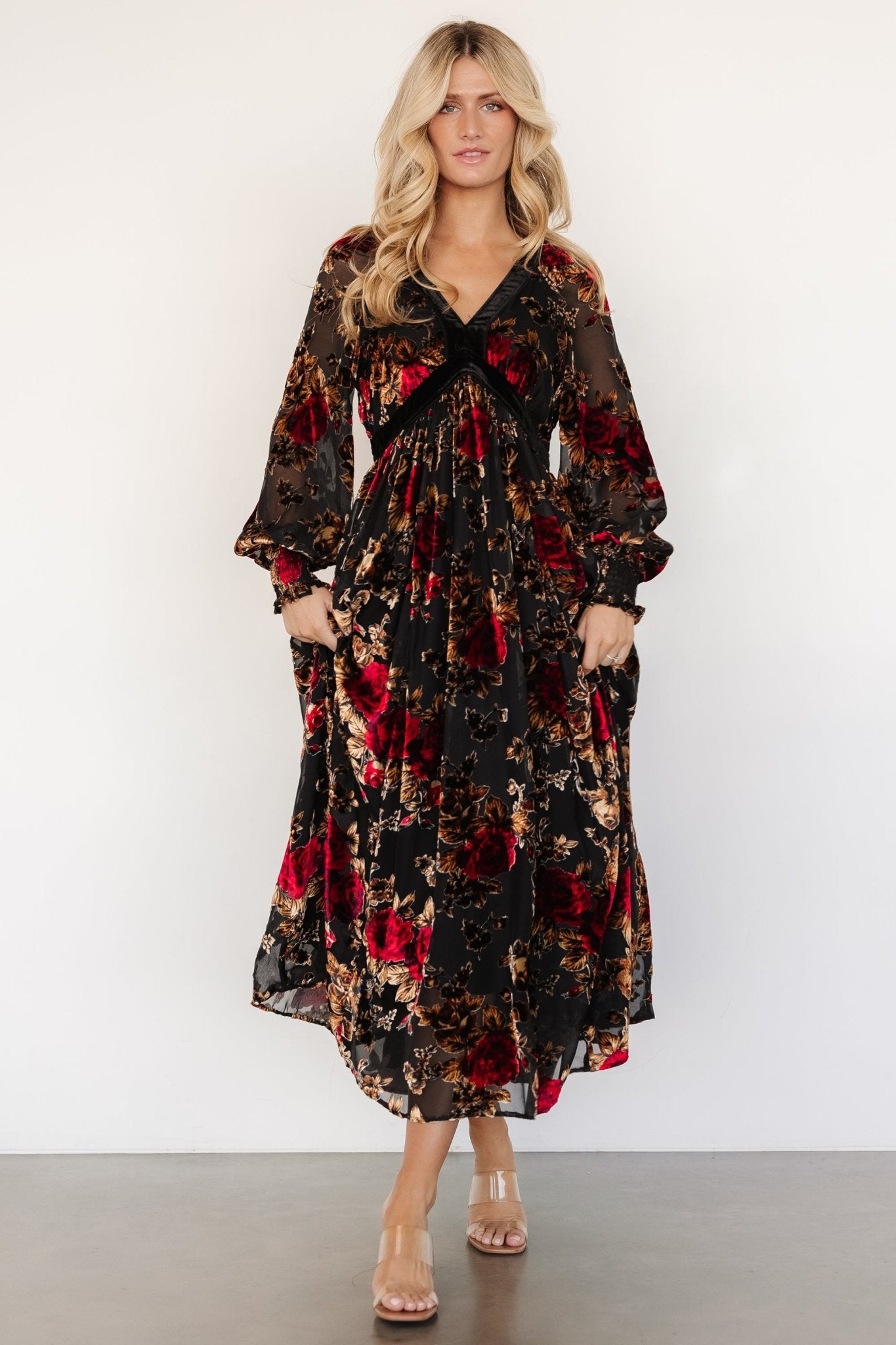 Adele Velvet Dress | Black + Rose Floral - Baltic Born