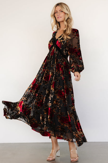 Adele Velvet Dress | Black + Rose Floral - Baltic Born