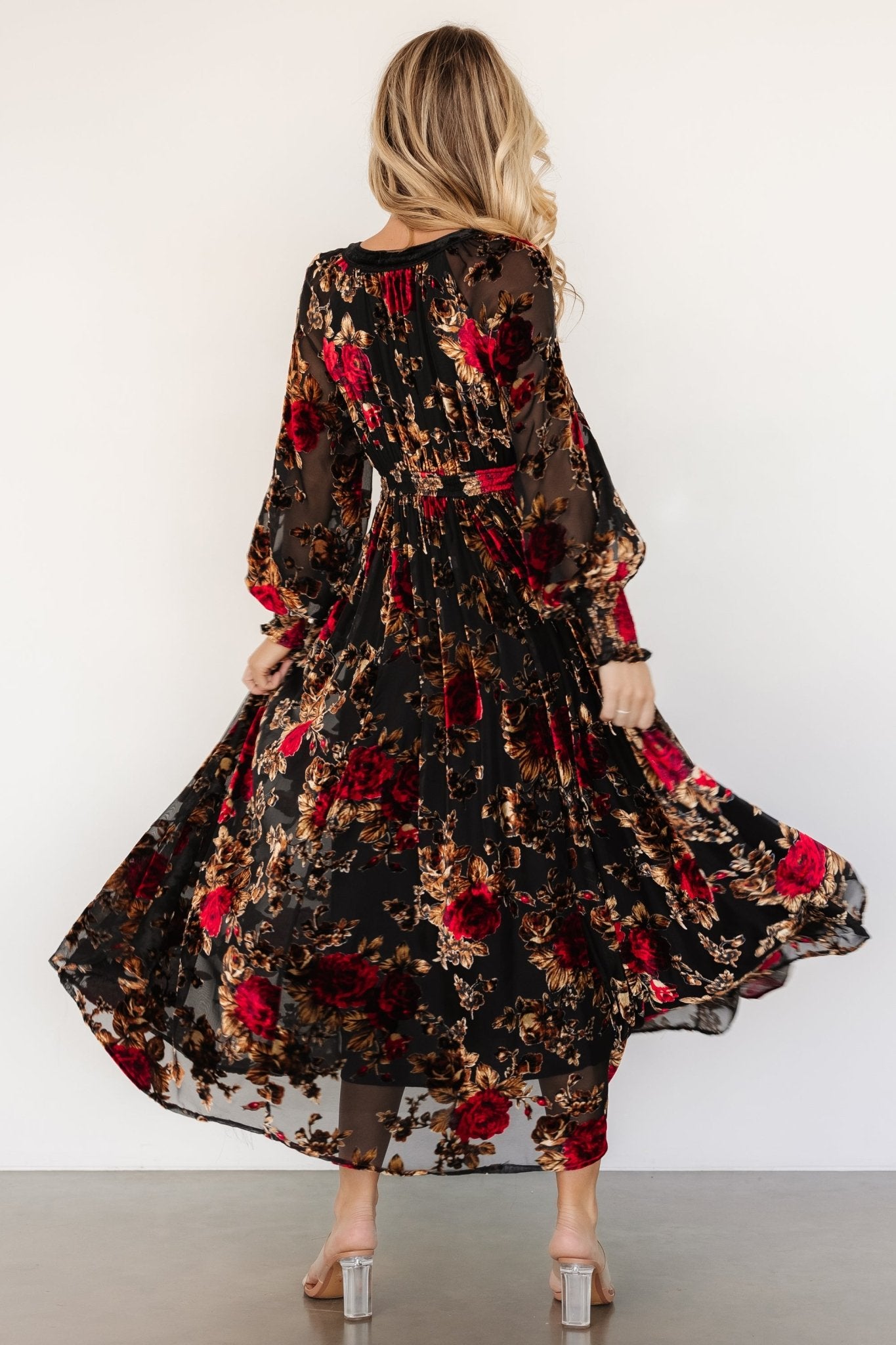 Adele Velvet Dress | Black + Rose Floral - Baltic Born