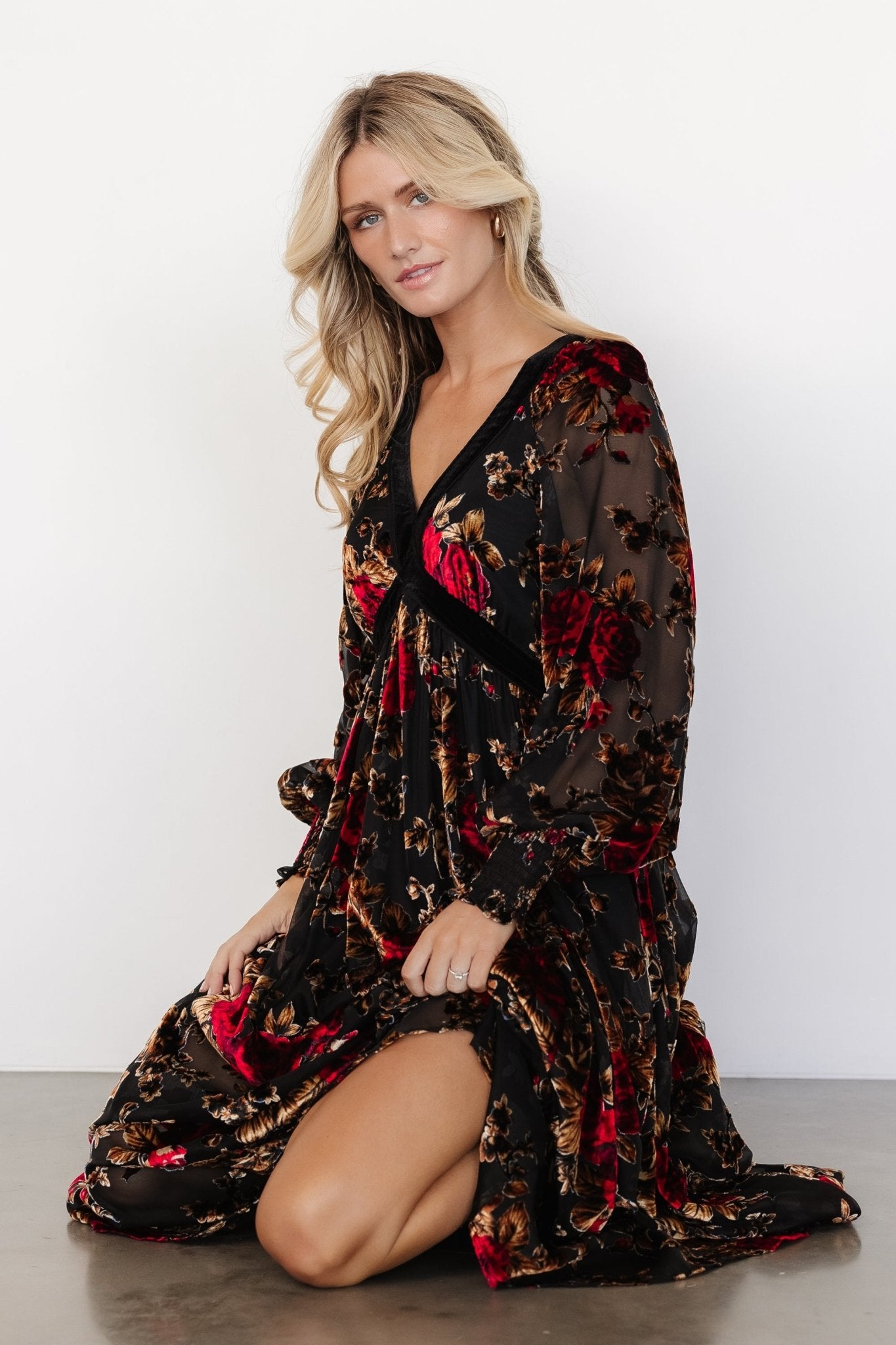 Adele Velvet Dress | Black + Rose Floral - Baltic Born