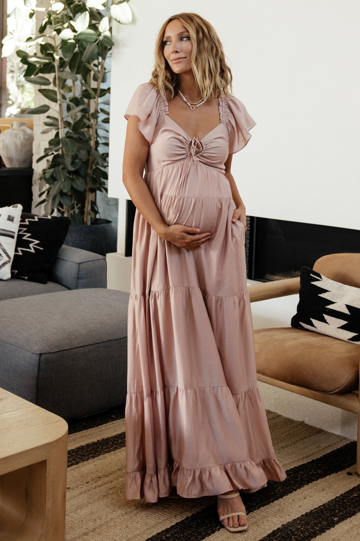 mauve pink maternity dress boohoo Women's Maternity Under Bump Tie Drop Hem Maxi