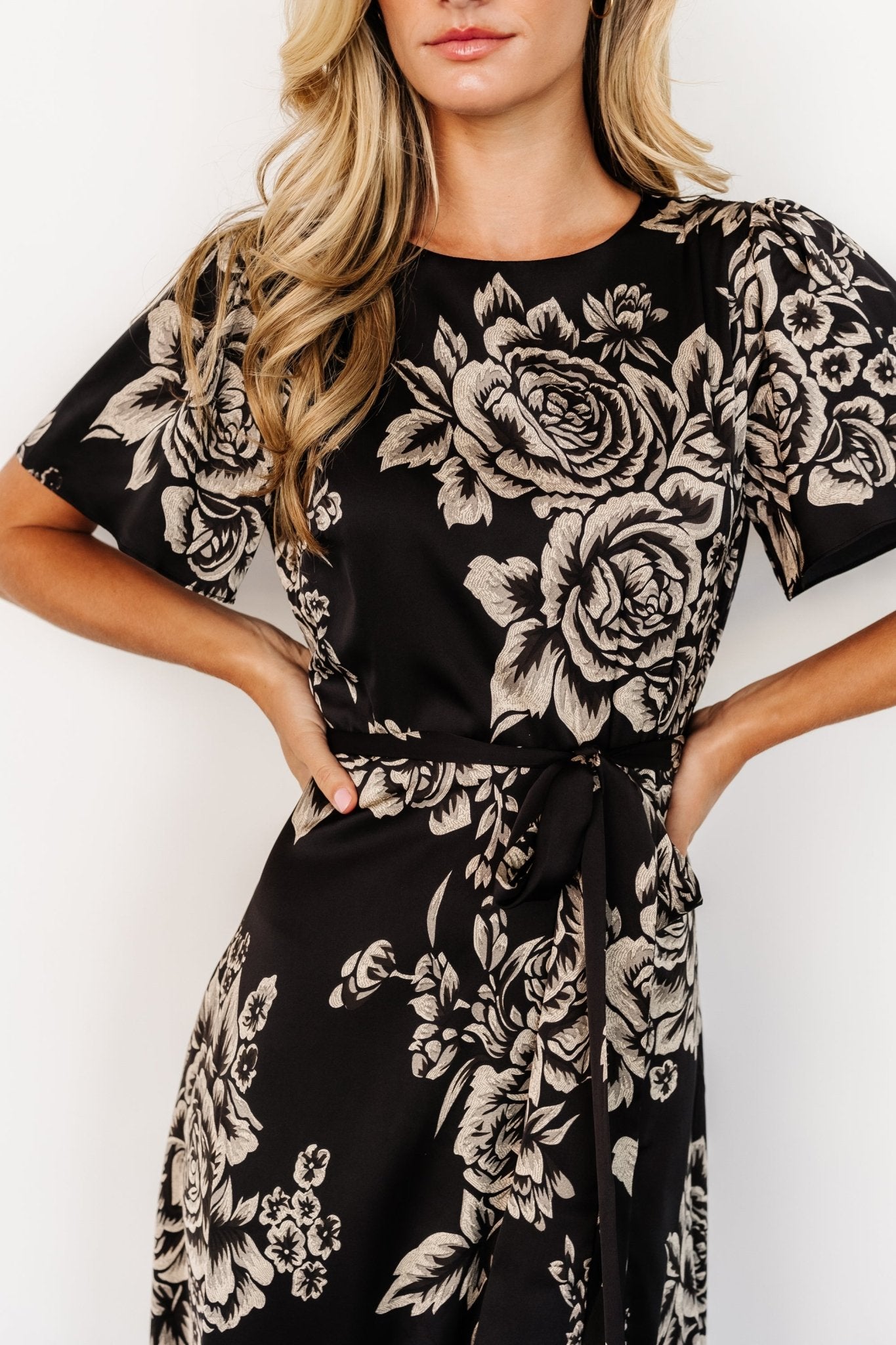 Agnes Satin Maxi Dress | Black + Cream Floral - Baltic Born