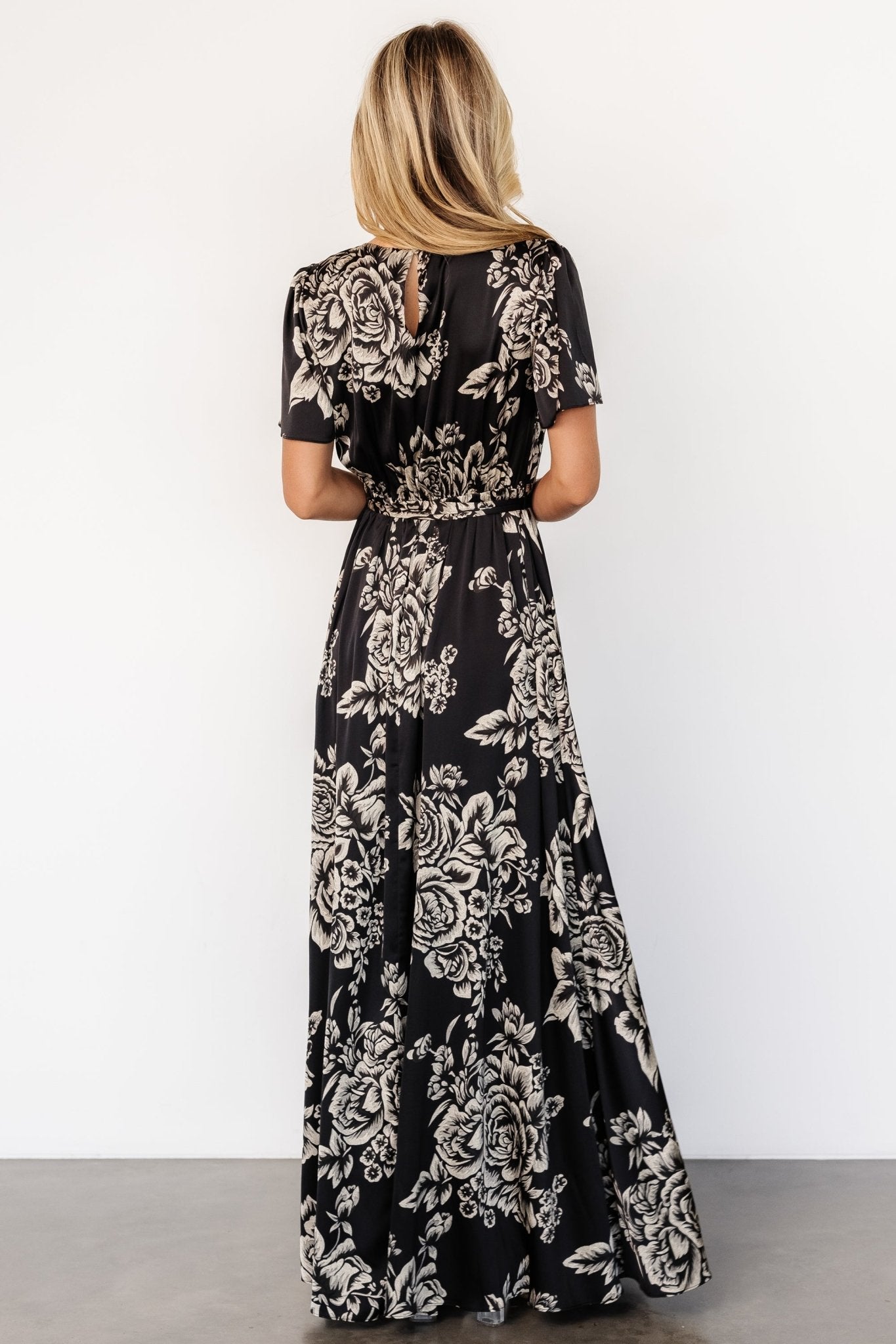 Agnes Satin Maxi Dress | Black + Cream Floral - Baltic Born