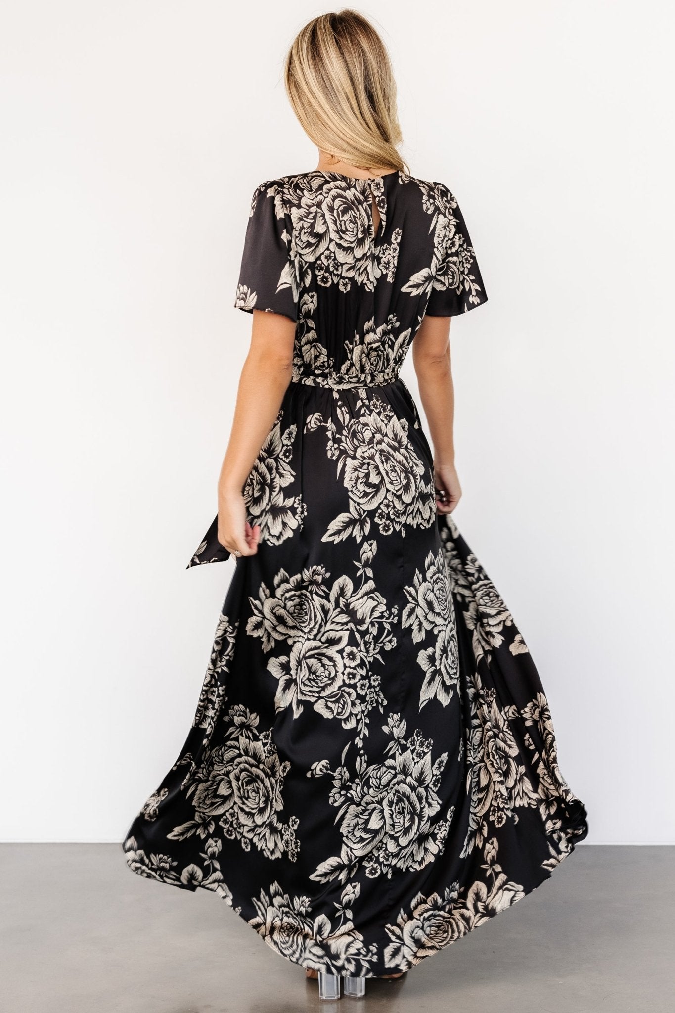 Agnes Satin Maxi Dress | Black + Cream Floral - Baltic Born