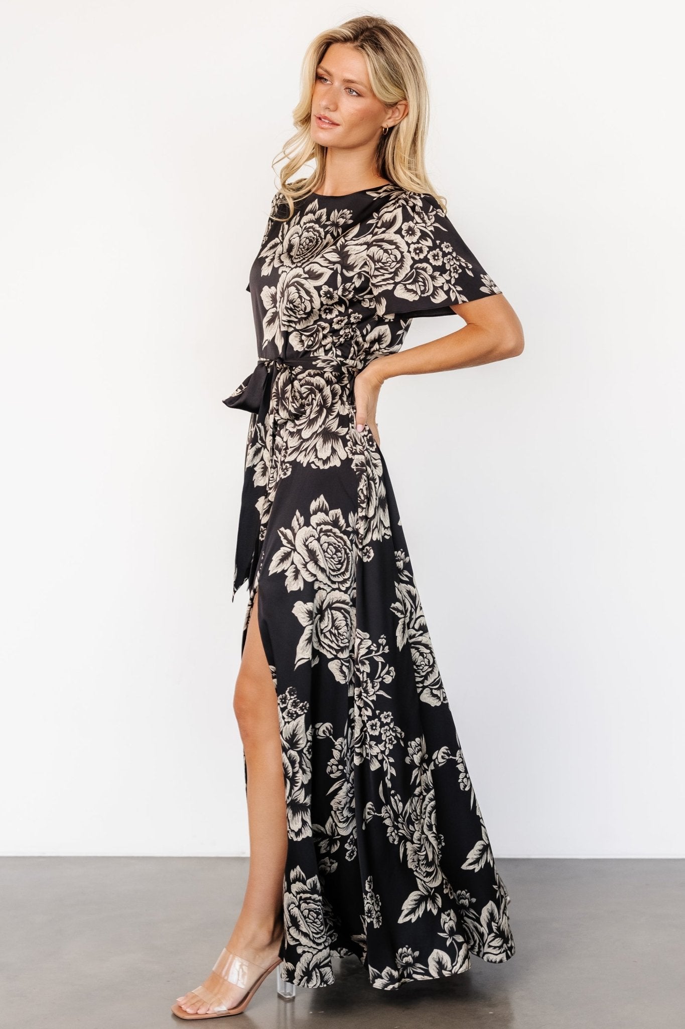 Agnes Satin Maxi Dress | Black + Cream Floral - Baltic Born