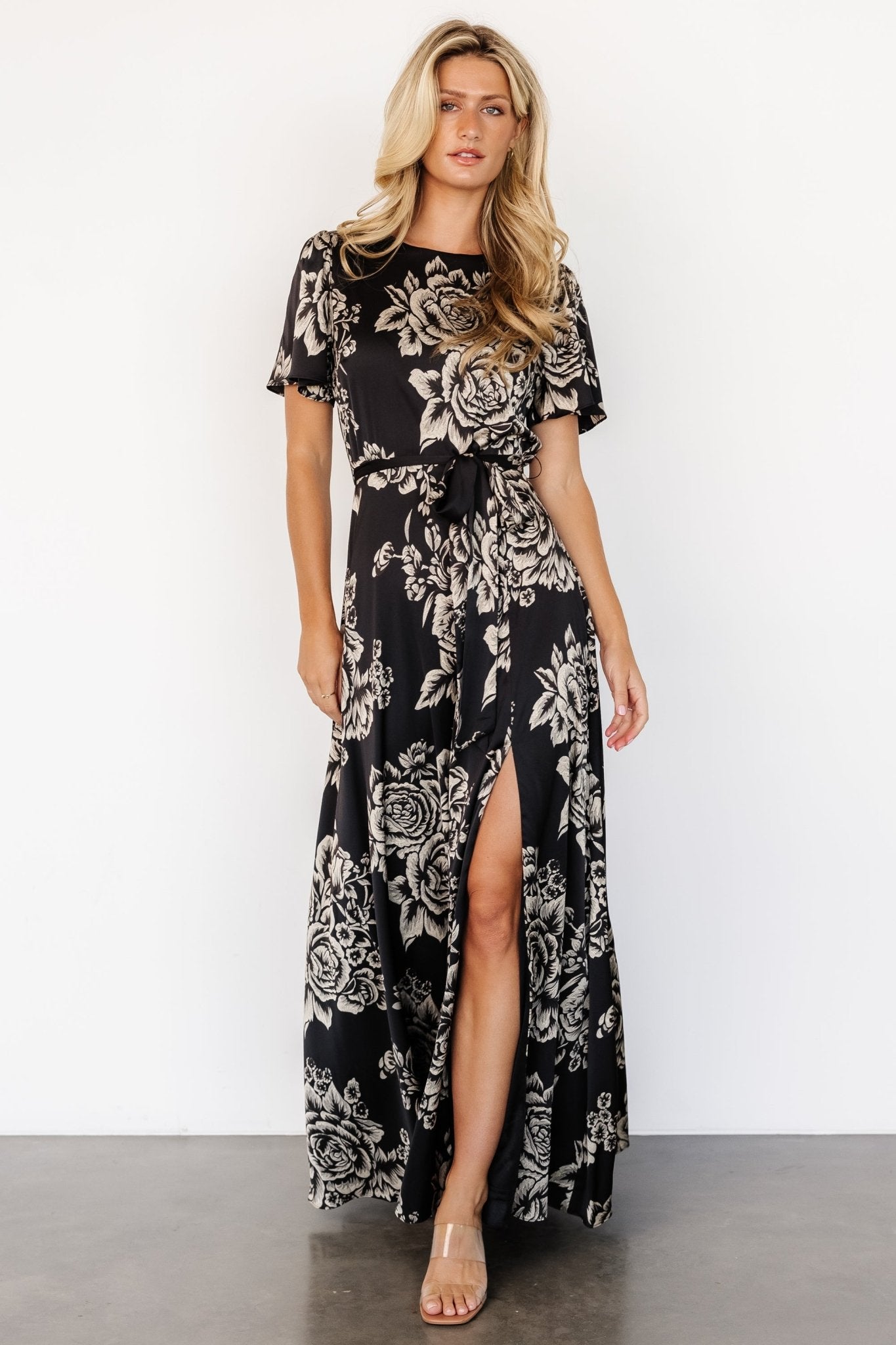 Agnes Satin Maxi Dress | Black + Cream Floral - Baltic Born