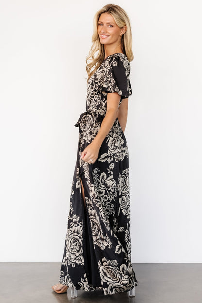 Agnes Satin Maxi Dress | Black + Cream Floral - Baltic Born