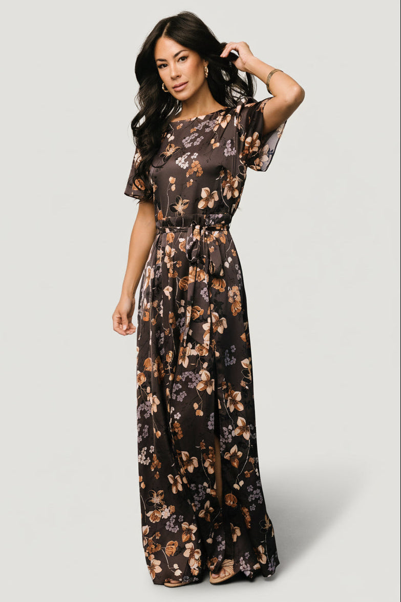 Agnes Satin Maxi Dress, Brown Floral, Lined