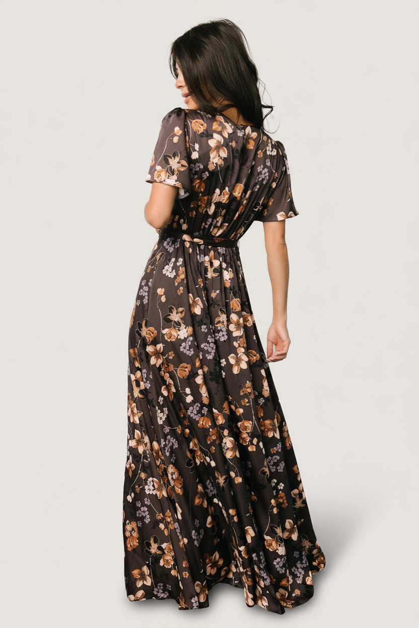Agnes Satin Maxi Dress, Brown Floral, Lined