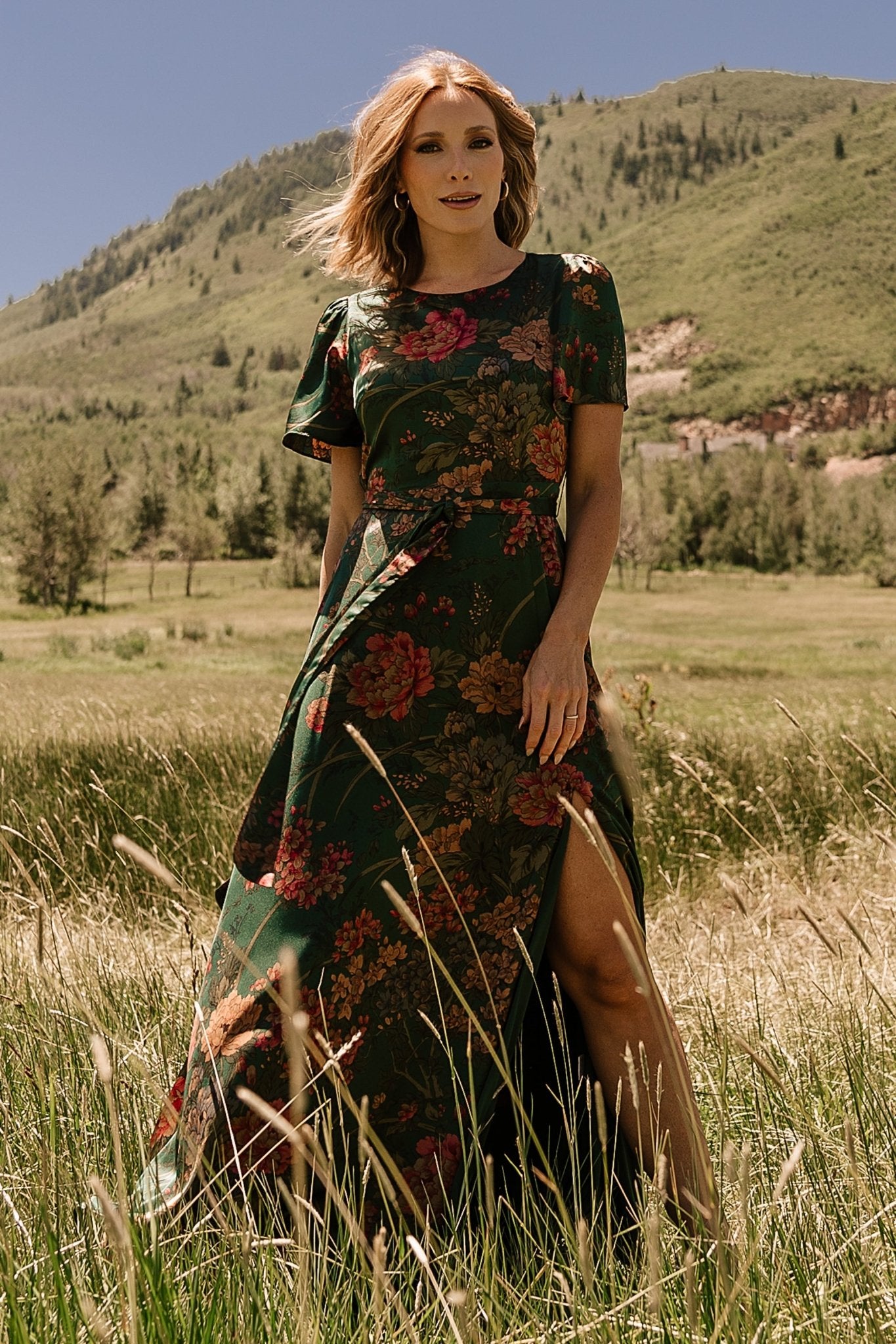 Agnes Satin Maxi Dress — Dark Green Floral