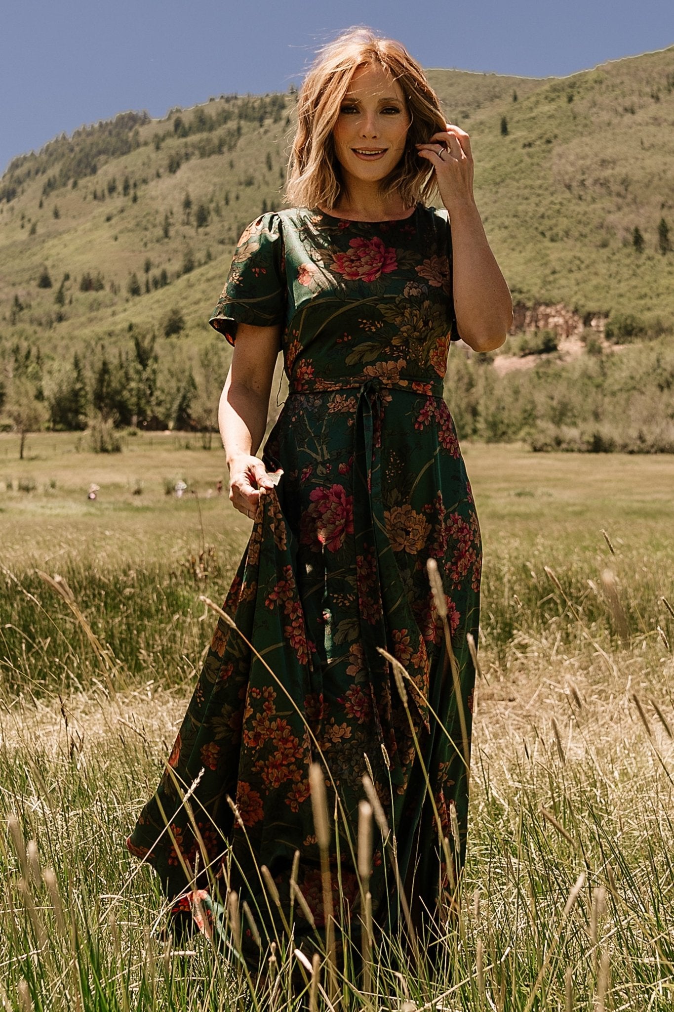 Agnes Satin Maxi Dress | Dark Green Floral - Baltic Born