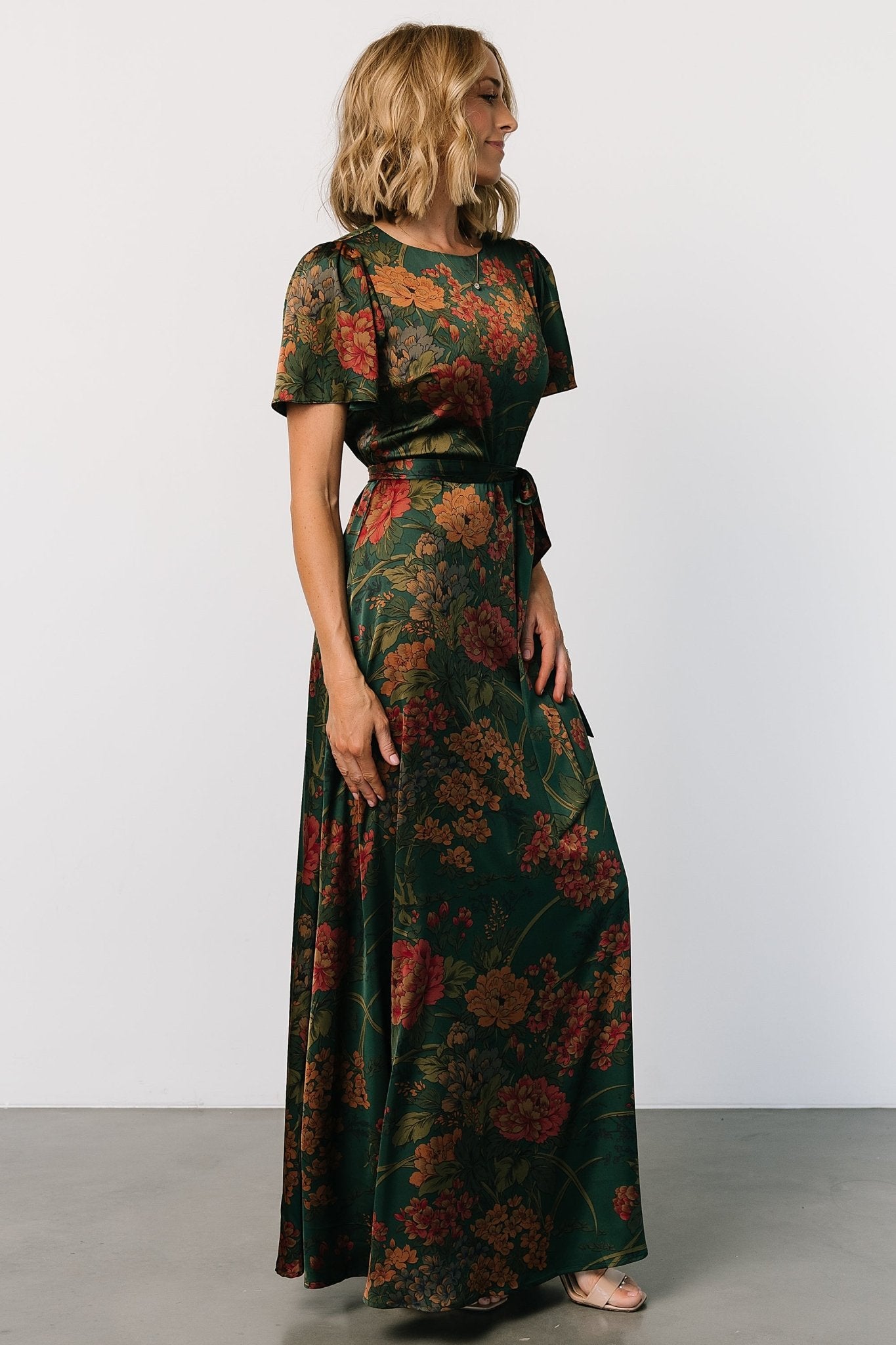 DYVNA Red Green Floral Silk high quality Maxi Dress XS