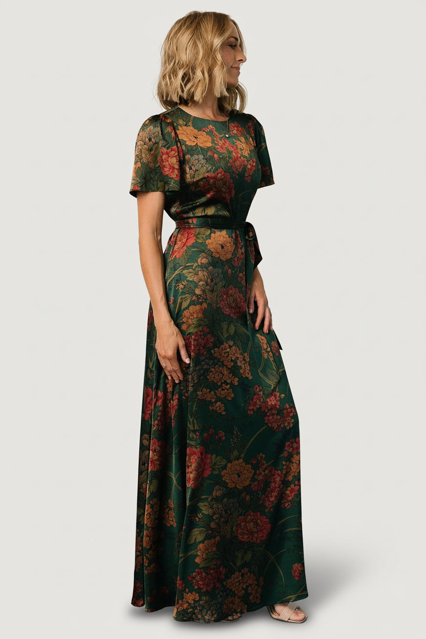 Agnes Satin Maxi Dress | Dark Green Floral