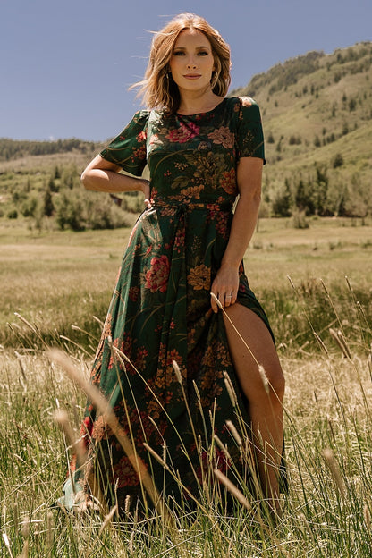 Agnes Satin Maxi Dress | Dark Green Floral - Baltic Born