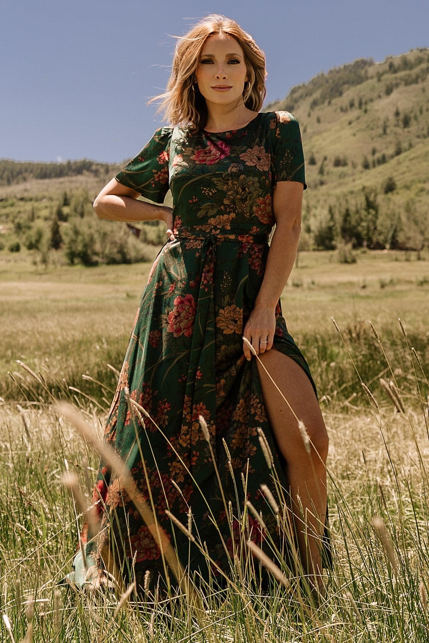 Agnes Satin Maxi Dress — Dark Green Floral