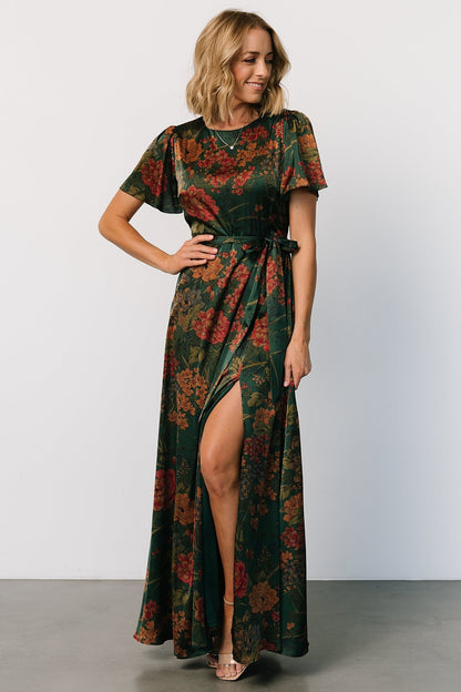 Agnes Satin Maxi Dress | Dark Green Floral - Baltic Born