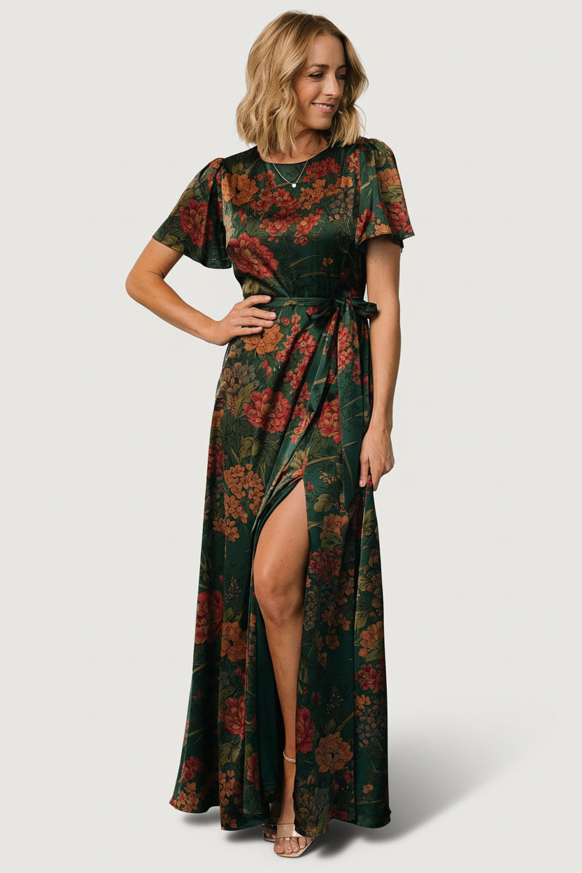 Agnes Satin Maxi Dress | Dark Green Floral Agnes Satin Maxi Dress | Dark Green Floral