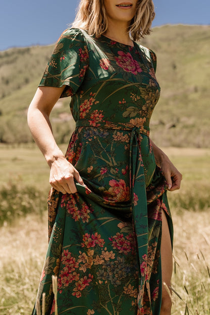 Agnes Satin Maxi Dress | Dark Green Floral - Baltic Born