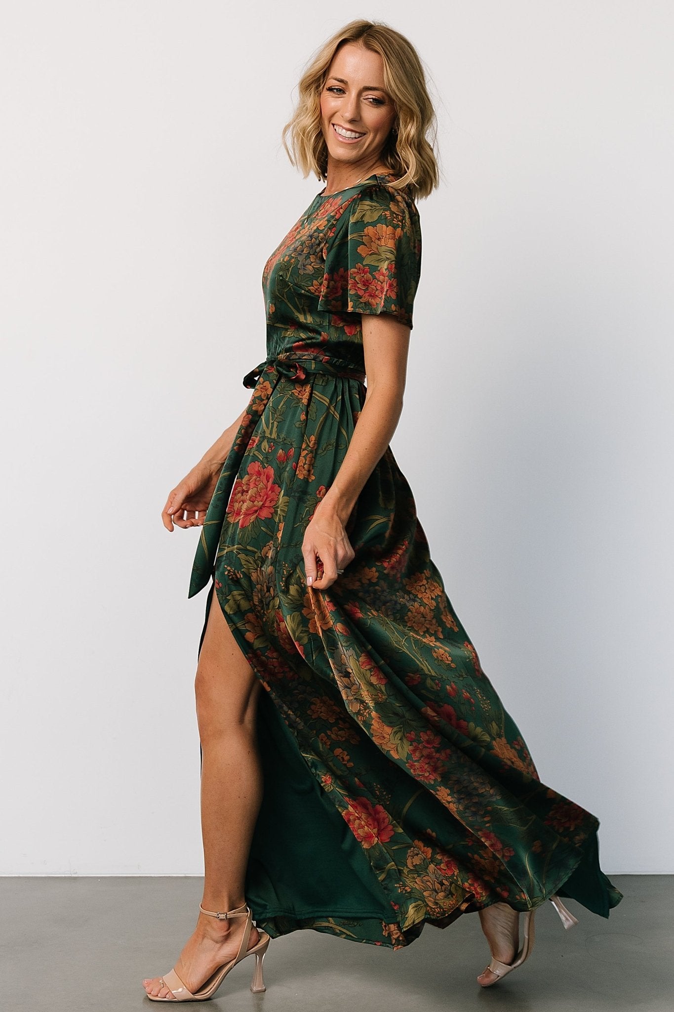 Agnes Satin Maxi Dress | Dark Green Floral - Baltic Born