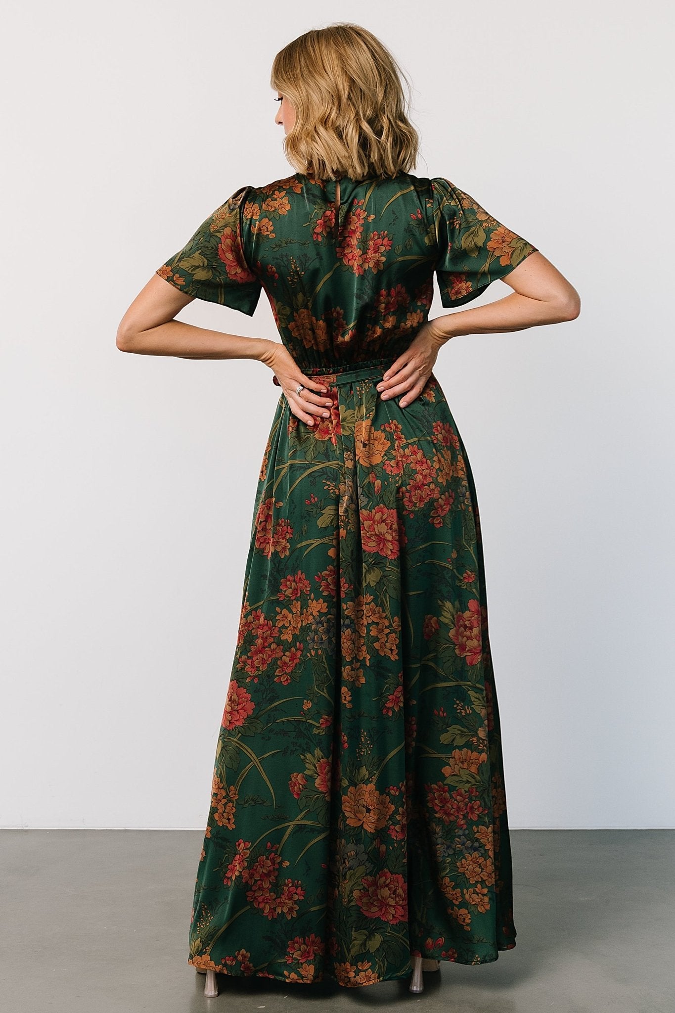 Agnes Satin Maxi Dress | Dark Green Floral - Baltic Born