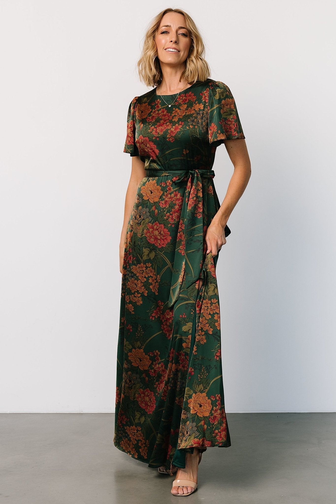 Agnes Satin Maxi Dress | Dark Green Floral - Baltic Born