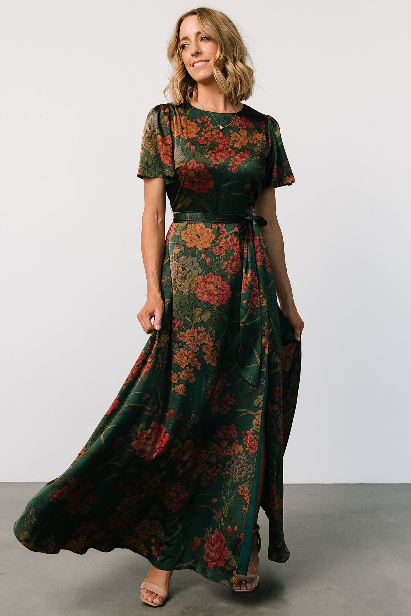 Agnes Satin Maxi Dress | Dark Green Floral - Baltic Born