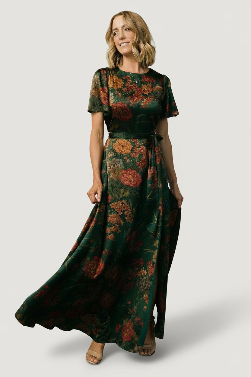 Front view of dark green floral satin maxi dress with rounded neckline, flutter sleeves, removable waist tie, and side slit.