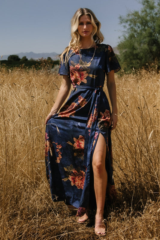 Agnes Satin Maxi Dress | Navy Floral - Baltic Born