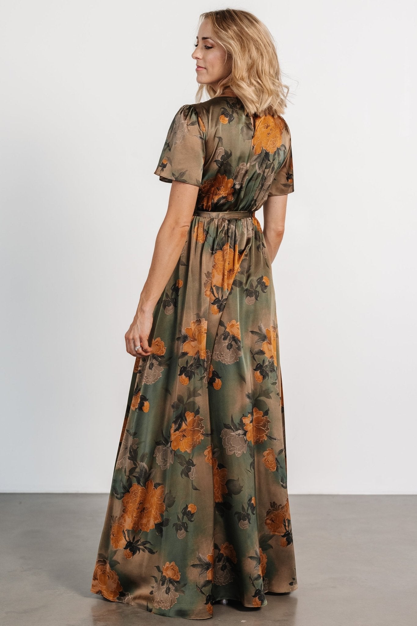 Agnes Satin Maxi Dress | Olive Floral - Baltic Born