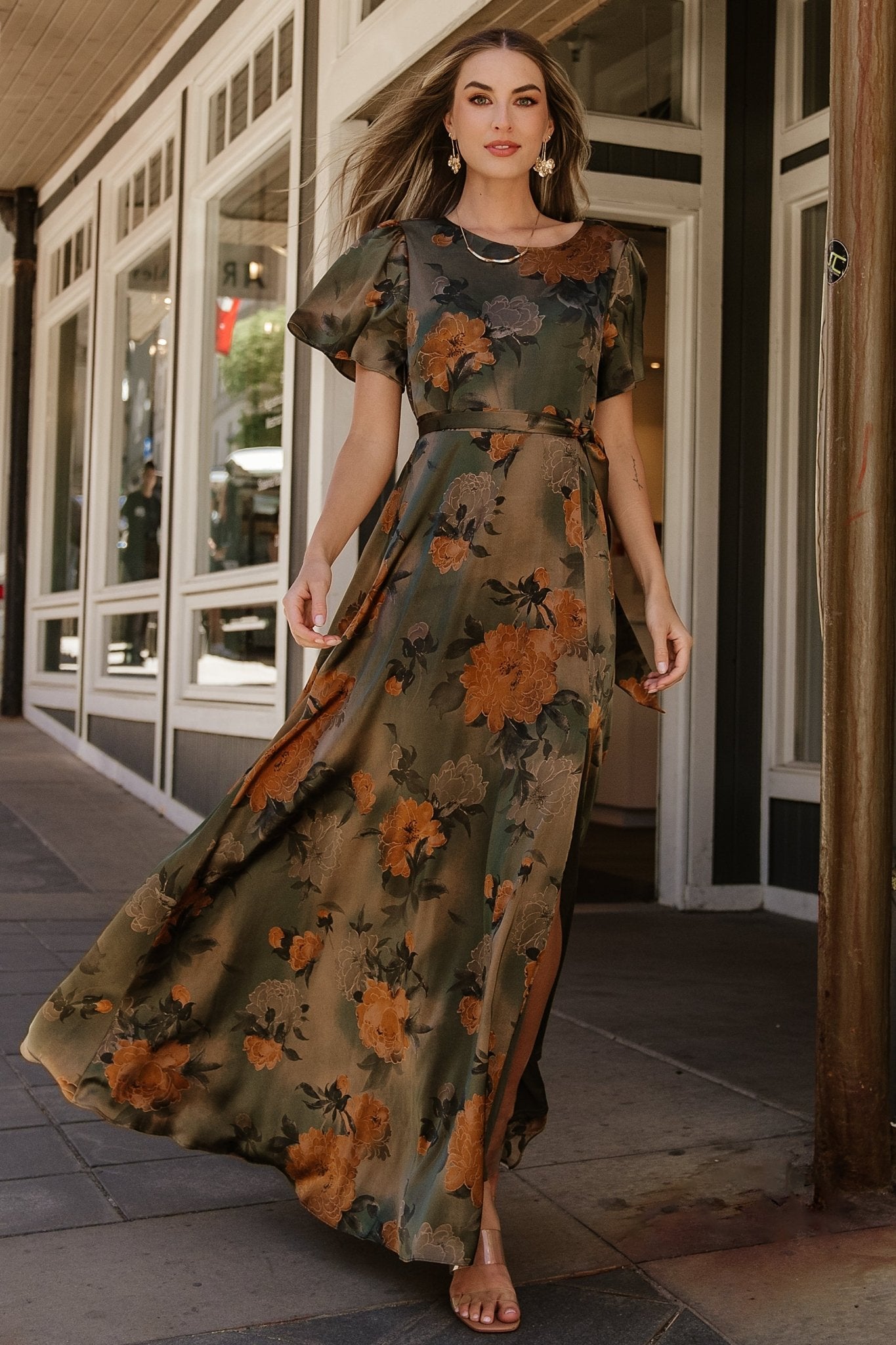 Baltic Born Womens Agnes Satin Maxi Dress | Olive Floral
