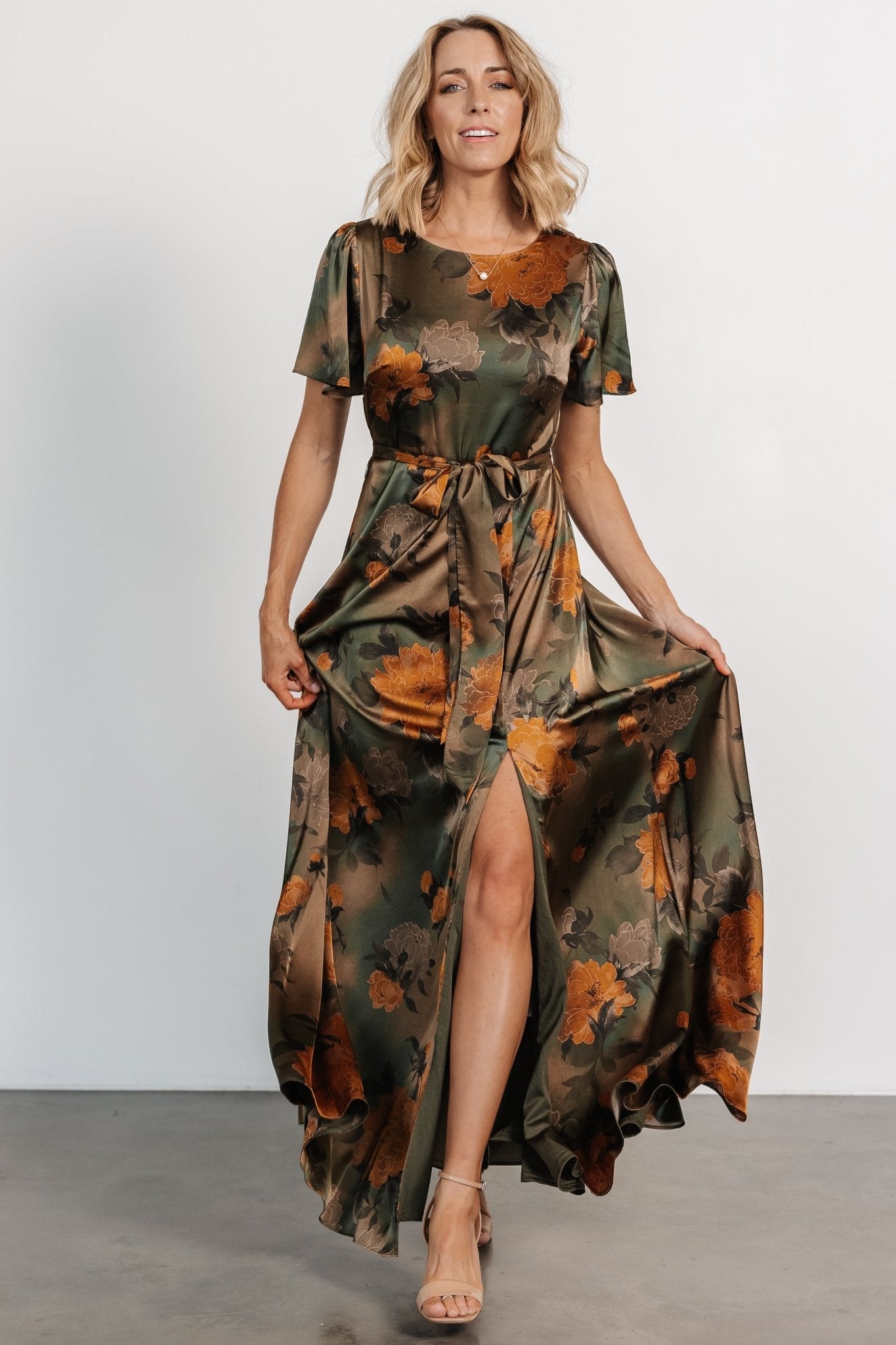 Agnes Satin Maxi Dress | Olive Floral - Baltic Born