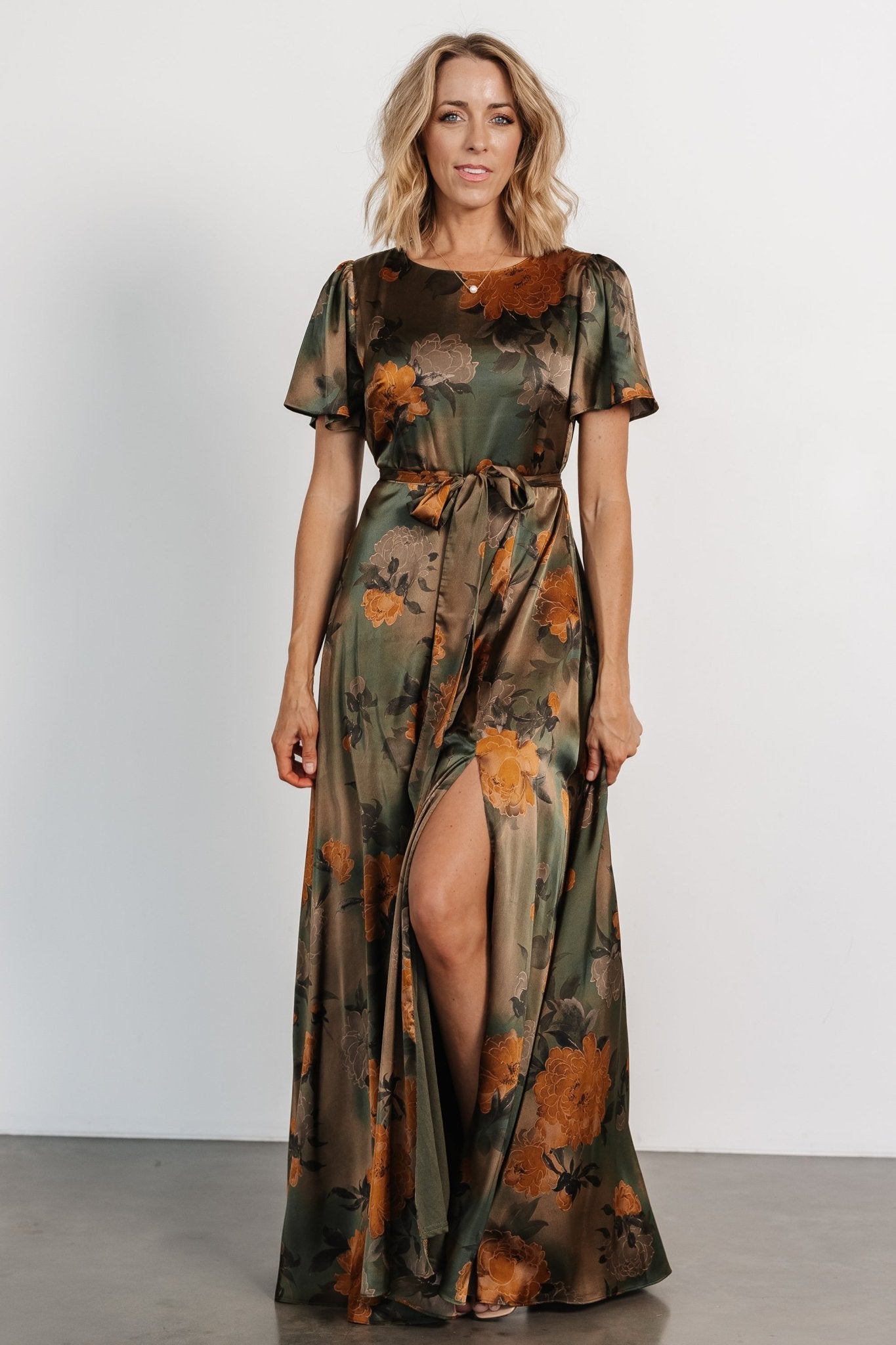 Agnes Satin Maxi Dress | Olive Floral - Baltic Born