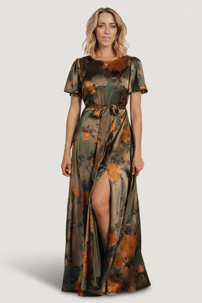 Baltic Born Womens Agnes Satin Maxi Dress | Olive Floral