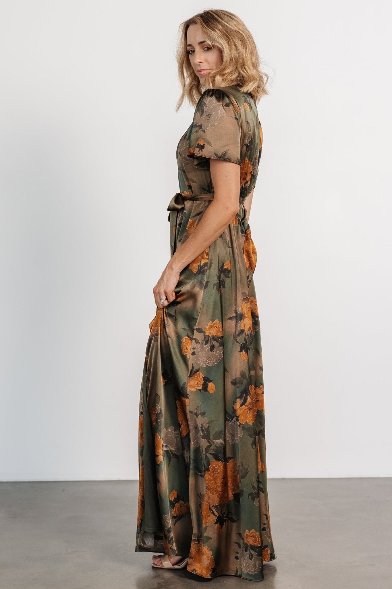 Agnes Satin Maxi Dress | Olive Floral - Baltic Born