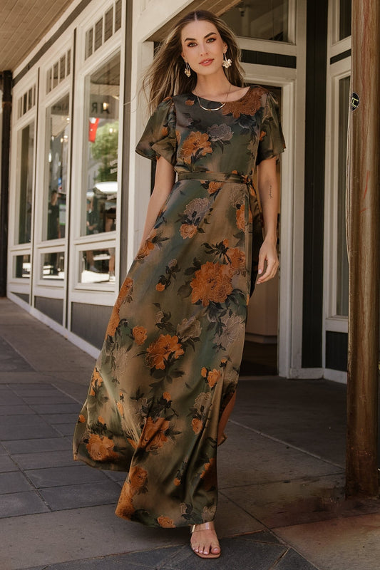 Agnes Satin Maxi Dress | Olive Floral - Baltic Born